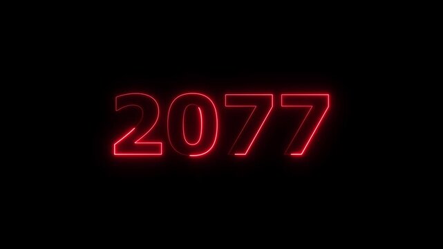 Business number neon text animation. Glowing neon text calendar 2077 number background 4k video.	