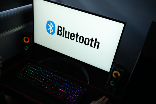Punta Arenas, Chile &ndash; January 20, 2026: Bluetooth wireless technology standard logo displayed on a computer monitor in a dark room