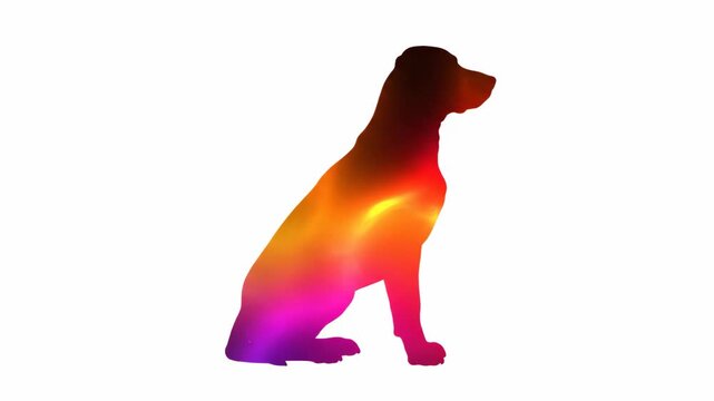 Vibrant Gradient Dog Silhouette - A colorful silhouette of a sitting dog, featuring a vibrant gradient of warm hues including pink, orange, and yellow, set against a clean white background.