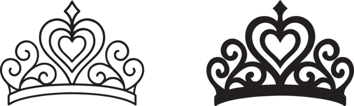 Princess tiara crown or royal diadem icon in line art and bold style, clean vector EPS.