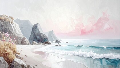 Serene abstract seascape featuring ocean waves, rocky cliffs, and soft pink clouds. Textured impasto palette knife painting perfect for coastal interior art, modern home decor, or calming wall prints.