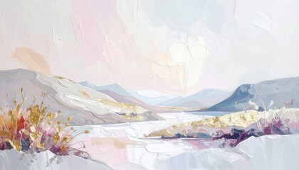 Soft pastel impasto painting of an abstract mountain landscape with gold leaf accents. Textured palette knife art ideal for luxury interior decor, serene wall prints, or modern home staging.