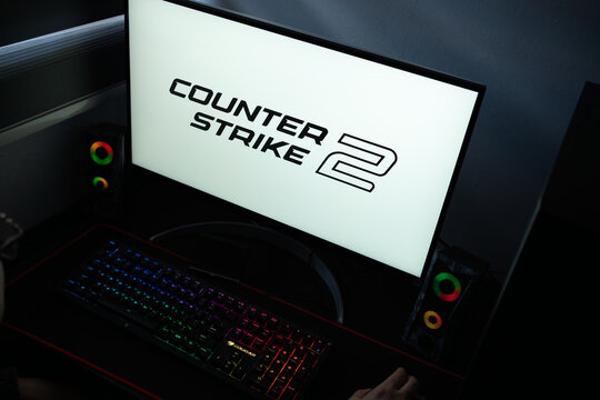 Punta Arenas, Chile &ndash; January 20, 2026: Counter-Strike 2 (CS2) video game logo displayed on a computer monitor in a dark room with RGB lighting
