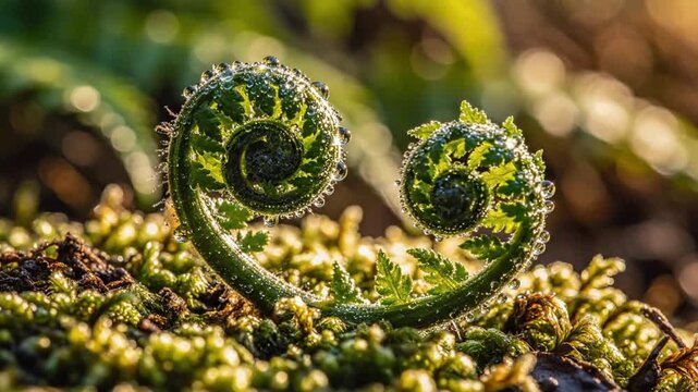 Dew-kissed fern fronds in close-up