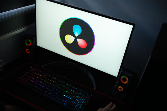 Punta Arenas, Chile &ndash; January 20, 2026: Blackmagic Design DaVinci Resolve video editing software logo displayed on a computer monitor in a dark room