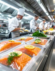 Preparing salmon with lemon in a busy restaurant kitchen during rush hour service