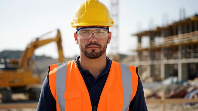 Focused Construction Worker on Site - A construction worker in full safety gear stands confidently on a construction site.
