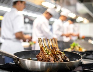 Cooking lamb racks in a busy restaurant kitchen during dinner service with chefs preparing meals