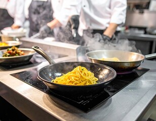 Fresh pasta being finished in a busy restaurant kitchen during dinner service with chefs preparing multiple dishes