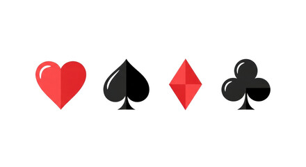 Four distinct graphic icons of playing card suits: red heart, black spade, red diamond, black club, in modern flat design, precisely aligned on a solid white background, concept for gaming, branding,