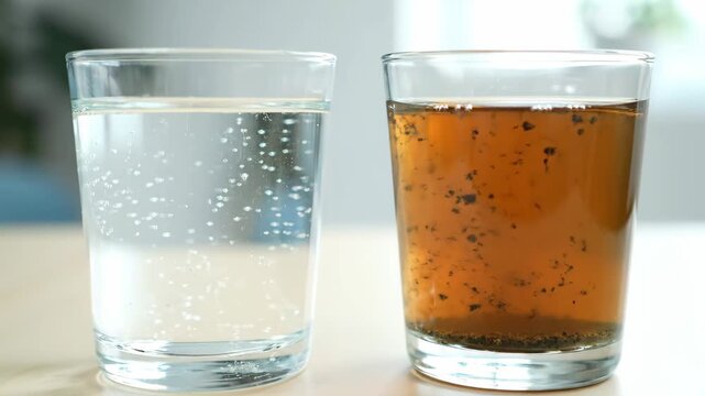 Clean vs Dirty Water - The video shows two glasses of water, one with clean water and the other with dirty water.