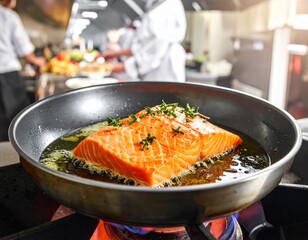 Salmon fillet cooking on a hot pan in a restaurant kitchen during busy service hours