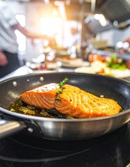 Salmon fillet cooking in a restaurant kitchen during service hours with chefs preparing nearby