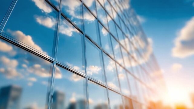 Skyscrapers: Reflections of Sky in Modern Architecture: Capturing the mesmerizing beauty of a high-rise building, where the pristine glass facade mirrors the vibrant blue sky and fluffy white clouds.