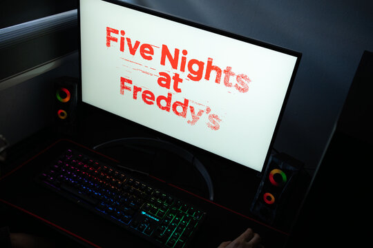 Punta Arenas, Chile &ndash; January 20, 2026: Five Nights at Freddy's (FNaF) horror media franchise logo displayed on a computer monitor in a dark room