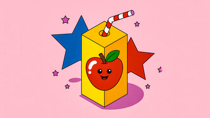 Cute smiling apple juice box illustration with candy striped straw