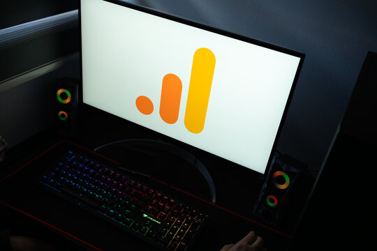 Punta Arenas, Chile &ndash; January 20, 2026: Google Analytics web measurement platform logo displayed on a computer monitor in a dark room