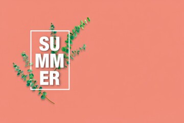 Summer exotic background with green eucalyptus isolated on coral color and white frame with space for text.