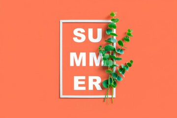 Summer exotic background with green eucalyptus isolated on coral color and white frame with space for text.