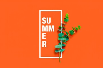 Summer exotic background with green eucalyptus isolated on coral color and white frame with space for text.