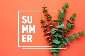 Summer exotic background with green eucalyptus isolated on coral color and white frame with space for text.