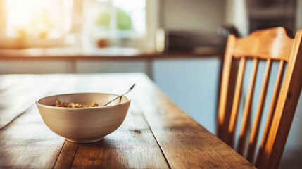 Breakfast cereal in a ceramic bowl with a spoon resting on a natural wood table next to an unoccupied chair in a warm, sunlit room