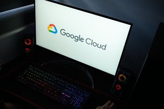 Punta Arenas, Chile &ndash; January 20, 2026: Google Cloud platform logo displayed on a computer monitor in a dark room with RGB lighting