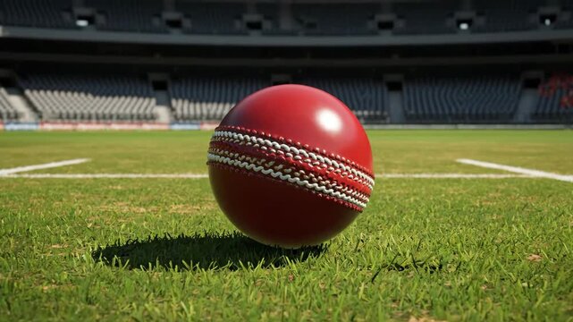 Cricket Ball on Green Pitch in Empty Stadium - A red cricket ball sits on the grass of an empty stadium pitch. The background shows rows of seats in the stands under the stadium roof.