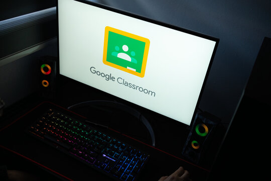 Punta Arenas, Chile &ndash; January 20, 2026: Google Classroom blended learning platform logo displayed on a computer monitor in a dark room