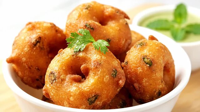 Crispy Sabudana Vada Bowl - This video shows a bowl filled with golden brown, crispy Sabudana Vada, a popular Indian snack. A small bowl of green chutney with mint leaves is in the background.