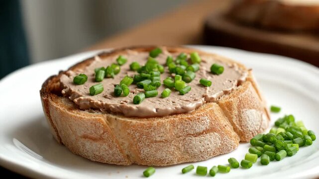 Liver Pate on Crusty Bread with Herbs - A person is spreading liver pate on a slice of crusty bread with a knife.