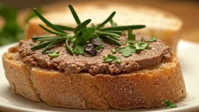 Liver Pate Appetizer - A crusty slice of bread topped with liver pate and garnished with fresh herbs is shown close up. This appetizer or snack is perfect for lunch.