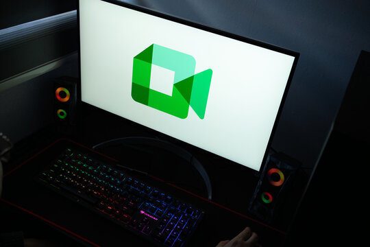 Punta Arenas, Chile &ndash; January 20, 2026: Google Meet video communication service logo displayed on a computer monitor in a dark room