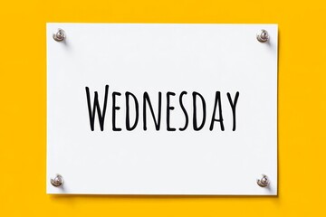 The inscription Wednesday on a white board written in a black marker. On the yellow wall.
