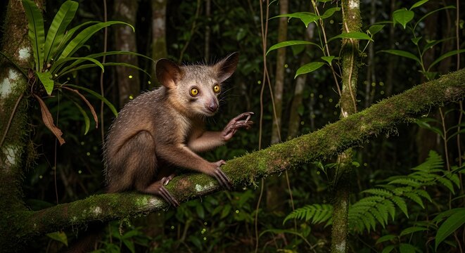 Rare aye aye lemur observed in tropical forest environment representing biodiversity and nocturnal wildlife.