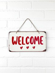 White square metal blank plate on white brick background with text Welcome.