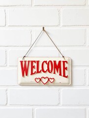 White square metal blank plate on white brick background with text Welcome.