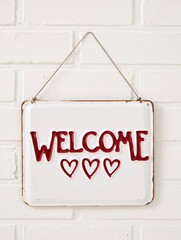 White square metal blank plate on white brick background with text Welcome.