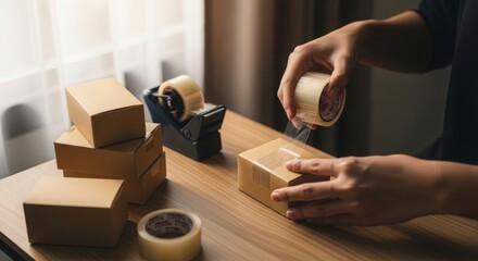 Hands sealing small product packages in compact home workspace. Evening light, subtle productivity, realistic workflow for small business, faces not shown