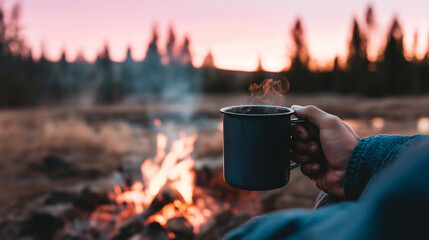 Hand holding a hot metal mug with steam rising, sitting by a warm campfire at twilight, enjoying a cozy outdoor camping experience