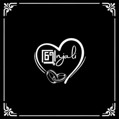 Elegant Bengali script name "Anjali" framed by a heart and wedding rings on a black background.