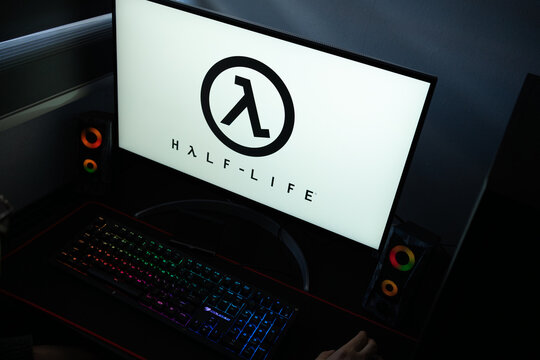 Punta Arenas, Chile &ndash; January 20, 2026: Half-Life video game franchise logo featuring the orange lambda symbol displayed on a computer monitor.