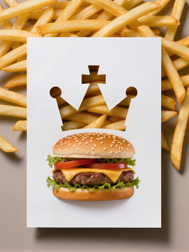 la silueta de la cabeza del rey ajedrez perforada en cart&oacute;n descubriendo un premio. Met&aacute;fora visual, estrategia, descubrimiento y recompensa, hamburguesa y patatas fritas combo Promo 
