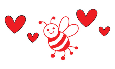 Happy bee surrounded by hearts isolated on white background, Vector