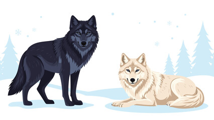 Fototapeta premium Two striking wolves, one dark standing and one light resting, pose gracefully on a snowy landscape with distant evergreen trees, creating a serene winter scene.