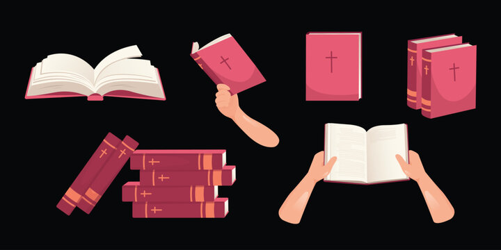 Holy Scripture. Open Bible, hands holding the Holy Scriptures, stack of books. Christian-themed graphic set for Easter media and church design.