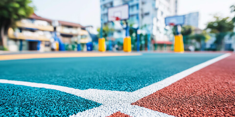 Empty vibrant basketball court with painted lines at dawn, a rubberized urban playground for sports and recreation