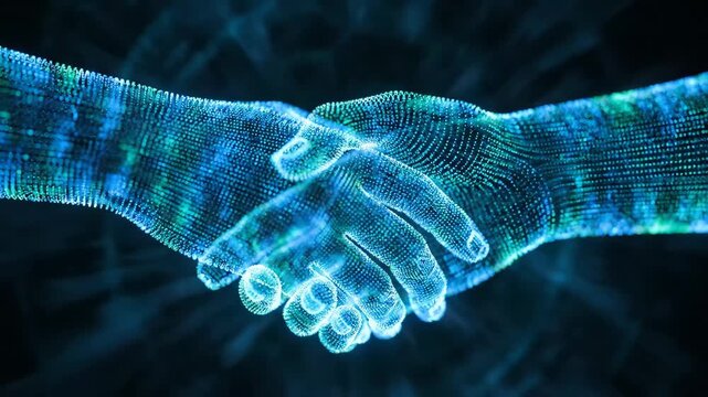 Digital Handshake in Virtual Collaboration - An abstract digital representation of a handshake symbolizes collaboration and partnership in a virtual or technological setting.