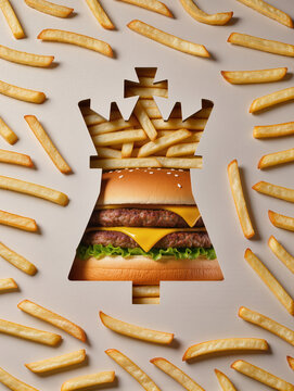 la silueta de la cabeza del rey ajedrez perforada en cart&oacute;n descubriendo un premio. Met&aacute;fora visual, estrategia, descubrimiento y recompensa, hamburguesa y patatas fritas