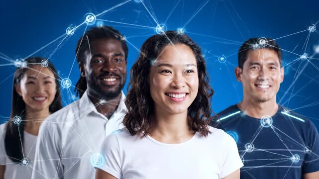Diverse Group Connected by Digital Network - A diverse group of four people smiling against a blue background, with a digital network overlay symbolizing connections.